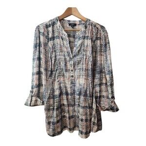 Cocomo Woman Tunic Blouse Size 3X Pink Gray 3/4 Roll Tab Sleeve Rayon Blend